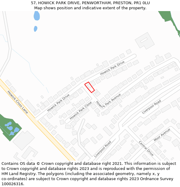 57, HOWICK PARK DRIVE, PENWORTHAM, PRESTON, PR1 0LU: Location map and indicative extent of plot