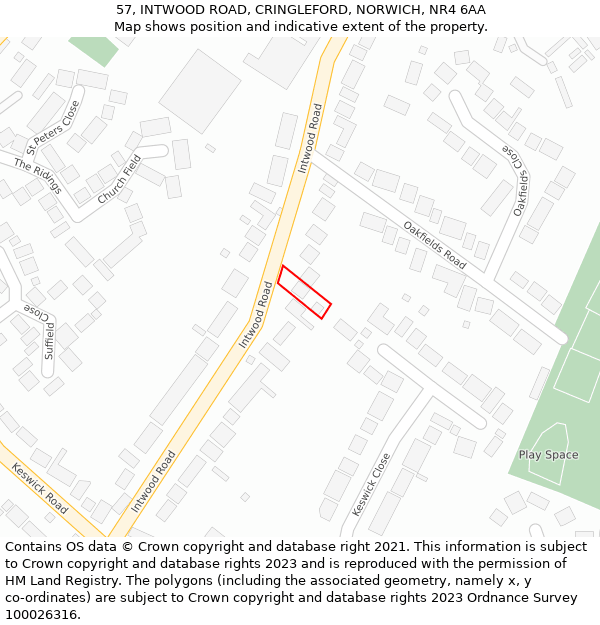 57, INTWOOD ROAD, CRINGLEFORD, NORWICH, NR4 6AA: Location map and indicative extent of plot