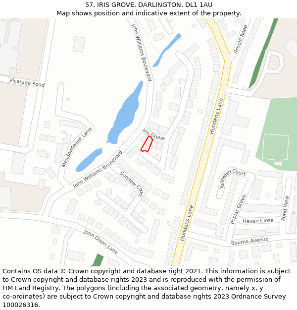 57, IRIS GROVE, DARLINGTON, DL1 1AU: Location map and indicative extent of plot