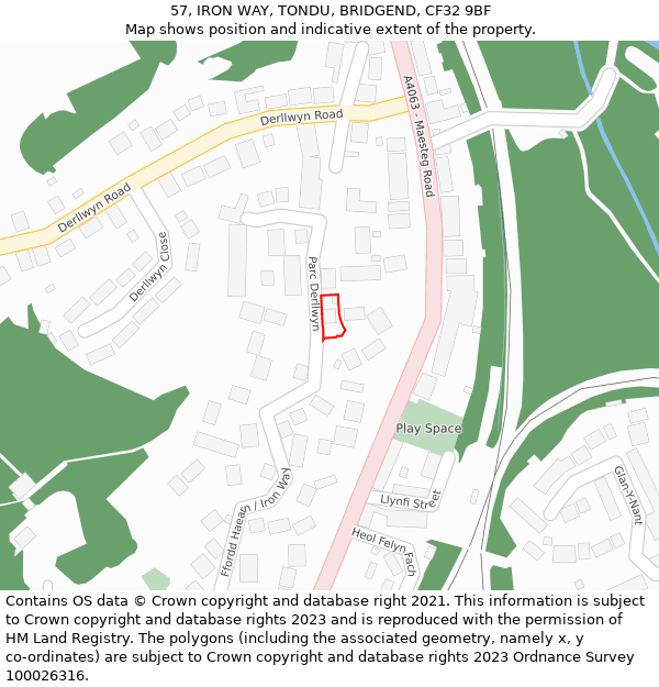 57, IRON WAY, TONDU, BRIDGEND, CF32 9BF: Location map and indicative extent of plot