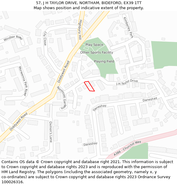 57, J H TAYLOR DRIVE, NORTHAM, BIDEFORD, EX39 1TT: Location map and indicative extent of plot