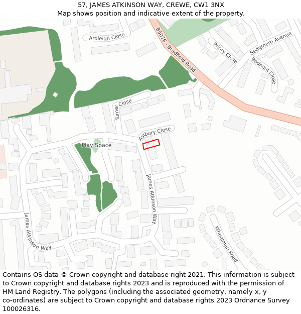 57, JAMES ATKINSON WAY, CREWE, CW1 3NX: Location map and indicative extent of plot