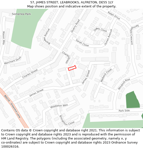 57, JAMES STREET, LEABROOKS, ALFRETON, DE55 1LY: Location map and indicative extent of plot