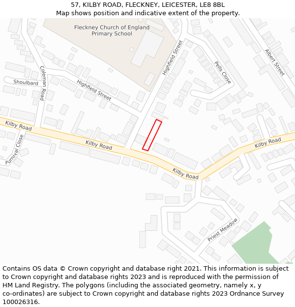 57, KILBY ROAD, FLECKNEY, LEICESTER, LE8 8BL: Location map and indicative extent of plot
