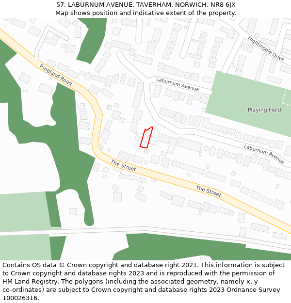 57, LABURNUM AVENUE, TAVERHAM, NORWICH, NR8 6JX: Location map and indicative extent of plot