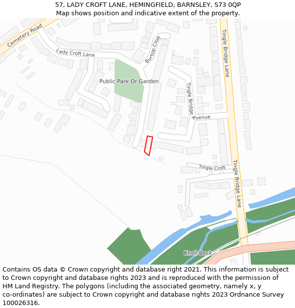 57, LADY CROFT LANE, HEMINGFIELD, BARNSLEY, S73 0QP: Location map and indicative extent of plot