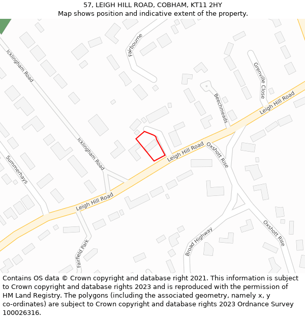 57, LEIGH HILL ROAD, COBHAM, KT11 2HY: Location map and indicative extent of plot