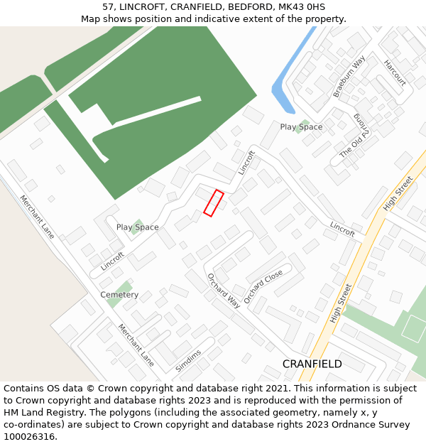 57, LINCROFT, CRANFIELD, BEDFORD, MK43 0HS: Location map and indicative extent of plot