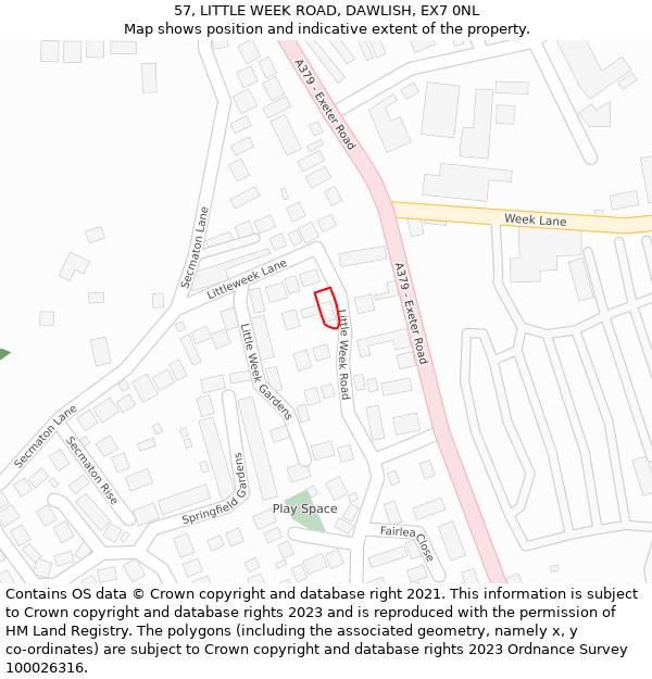 57, LITTLE WEEK ROAD, DAWLISH, EX7 0NL: Location map and indicative extent of plot