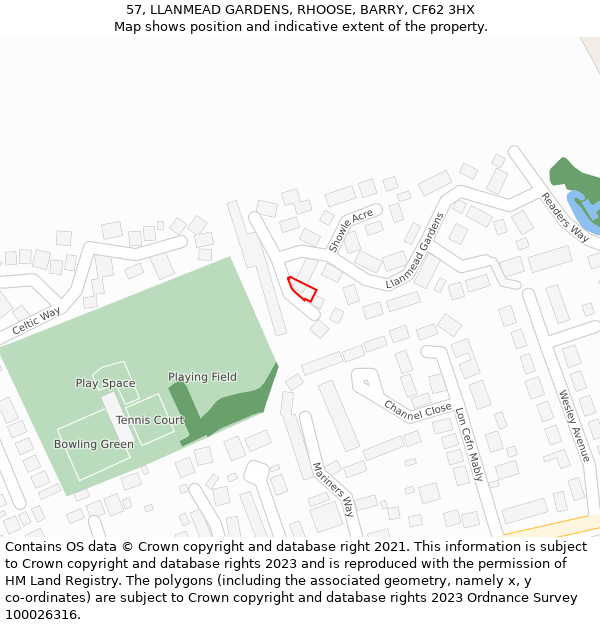 57, LLANMEAD GARDENS, RHOOSE, BARRY, CF62 3HX: Location map and indicative extent of plot