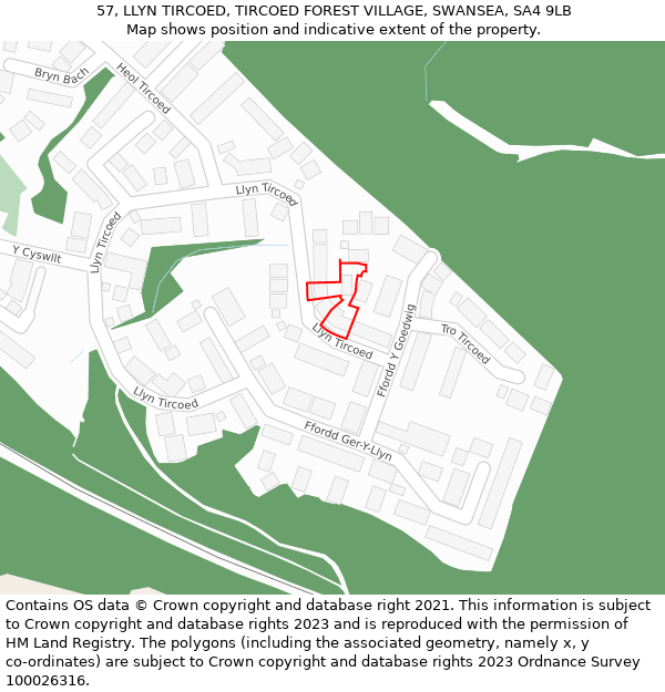 57, LLYN TIRCOED, TIRCOED FOREST VILLAGE, SWANSEA, SA4 9LB: Location map and indicative extent of plot