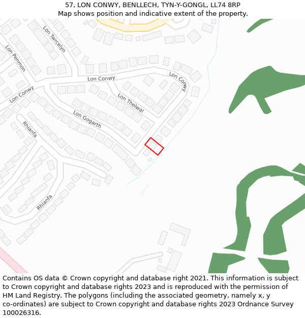 57, LON CONWY, BENLLECH, TYN-Y-GONGL, LL74 8RP: Location map and indicative extent of plot