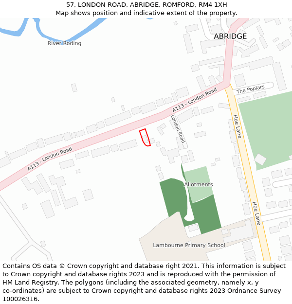 57, LONDON ROAD, ABRIDGE, ROMFORD, RM4 1XH: Location map and indicative extent of plot