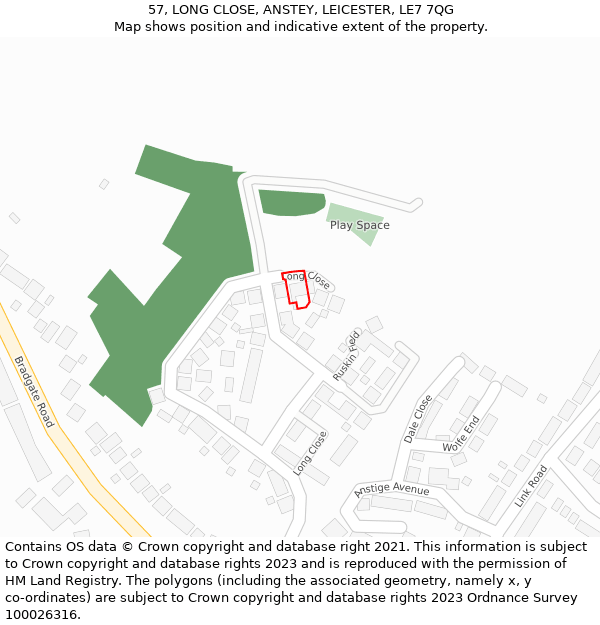 57, LONG CLOSE, ANSTEY, LEICESTER, LE7 7QG: Location map and indicative extent of plot