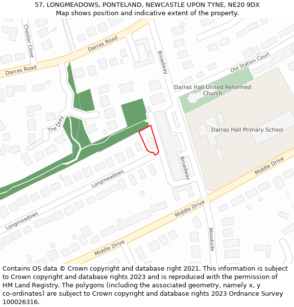 57, LONGMEADOWS, PONTELAND, NEWCASTLE UPON TYNE, NE20 9DX: Location map and indicative extent of plot