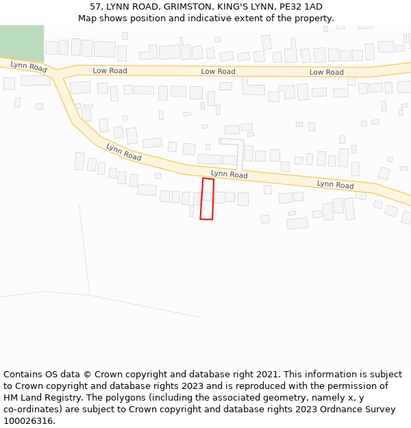 57, LYNN ROAD, GRIMSTON, KING'S LYNN, PE32 1AD: Location map and indicative extent of plot