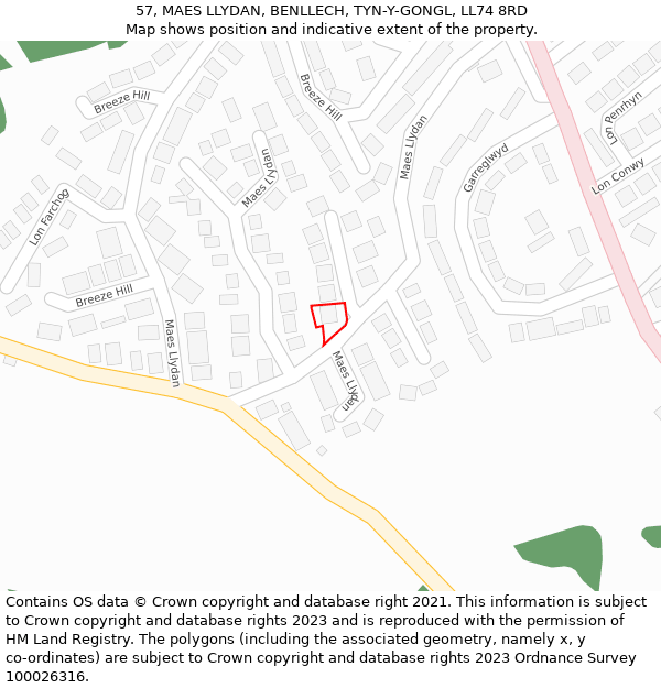 57, MAES LLYDAN, BENLLECH, TYN-Y-GONGL, LL74 8RD: Location map and indicative extent of plot