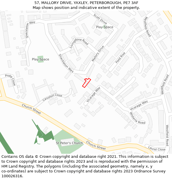 57, MALLORY DRIVE, YAXLEY, PETERBOROUGH, PE7 3AF: Location map and indicative extent of plot