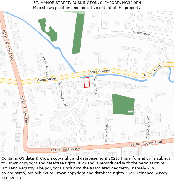 57, MANOR STREET, RUSKINGTON, SLEAFORD, NG34 9EN: Location map and indicative extent of plot
