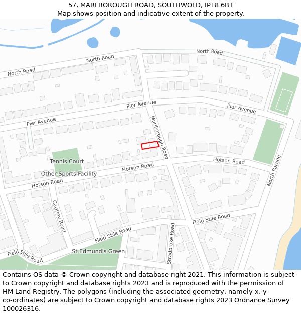 57, MARLBOROUGH ROAD, SOUTHWOLD, IP18 6BT: Location map and indicative extent of plot