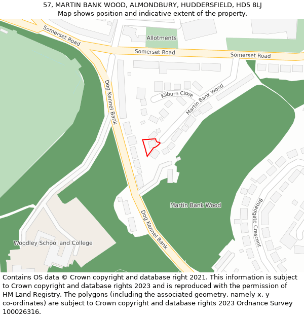 57, MARTIN BANK WOOD, ALMONDBURY, HUDDERSFIELD, HD5 8LJ: Location map and indicative extent of plot