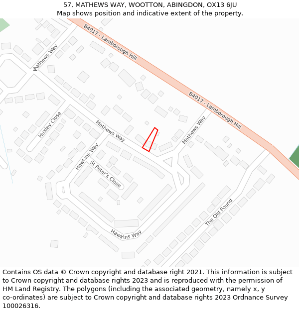 57, MATHEWS WAY, WOOTTON, ABINGDON, OX13 6JU: Location map and indicative extent of plot