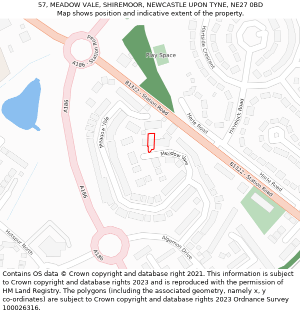 57, MEADOW VALE, SHIREMOOR, NEWCASTLE UPON TYNE, NE27 0BD: Location map and indicative extent of plot