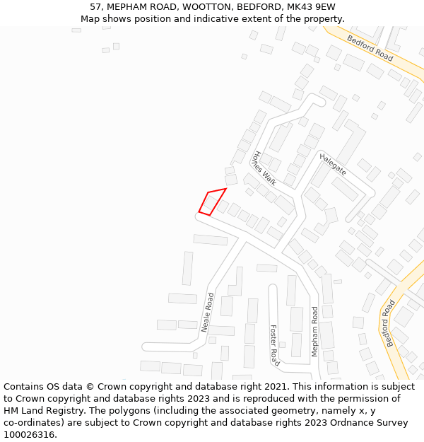 57, MEPHAM ROAD, WOOTTON, BEDFORD, MK43 9EW: Location map and indicative extent of plot