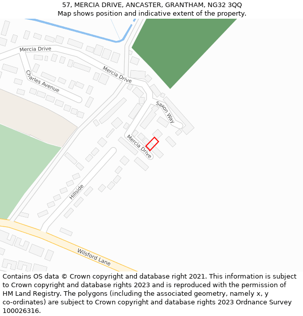 57, MERCIA DRIVE, ANCASTER, GRANTHAM, NG32 3QQ: Location map and indicative extent of plot