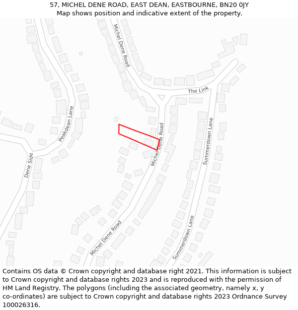 57, MICHEL DENE ROAD, EAST DEAN, EASTBOURNE, BN20 0JY: Location map and indicative extent of plot