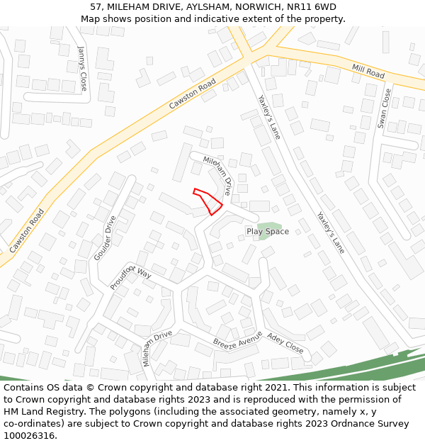 57, MILEHAM DRIVE, AYLSHAM, NORWICH, NR11 6WD: Location map and indicative extent of plot