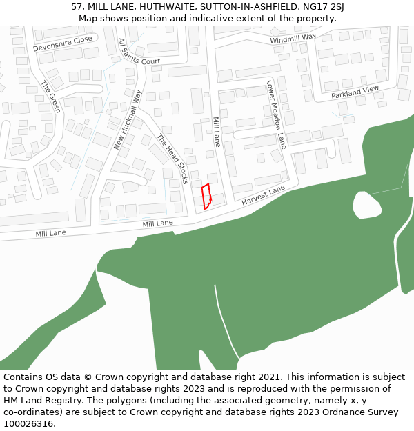 57, MILL LANE, HUTHWAITE, SUTTON-IN-ASHFIELD, NG17 2SJ: Location map and indicative extent of plot