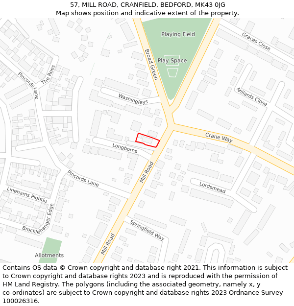 57, MILL ROAD, CRANFIELD, BEDFORD, MK43 0JG: Location map and indicative extent of plot