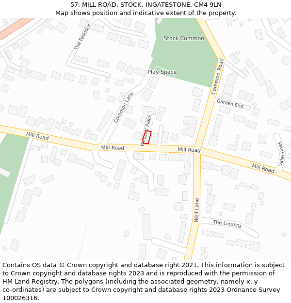 57, MILL ROAD, STOCK, INGATESTONE, CM4 9LN: Location map and indicative extent of plot