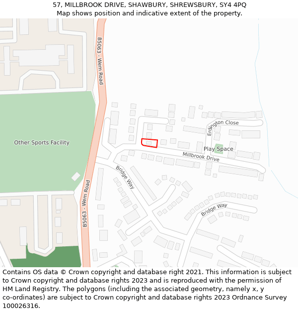 57, MILLBROOK DRIVE, SHAWBURY, SHREWSBURY, SY4 4PQ: Location map and indicative extent of plot