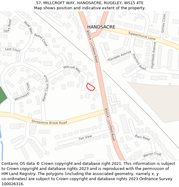 57, MILLCROFT WAY, HANDSACRE, RUGELEY, WS15 4TE: Location map and indicative extent of plot