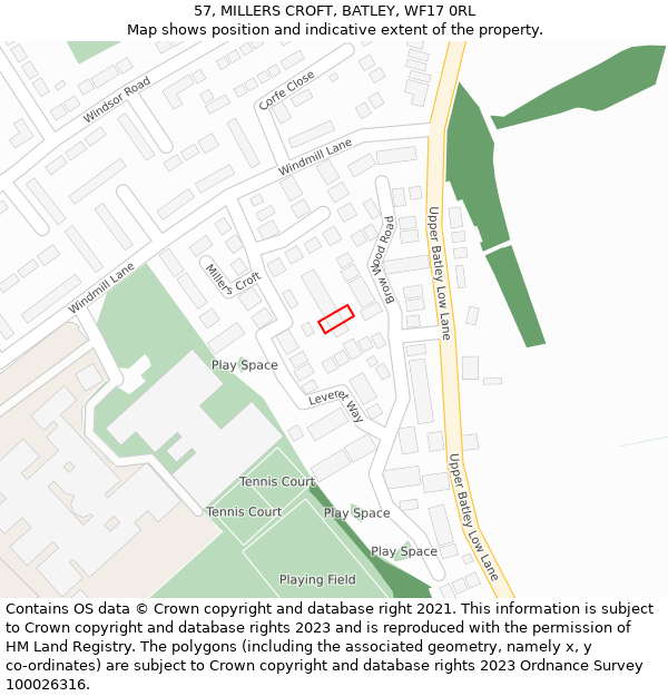 57, MILLERS CROFT, BATLEY, WF17 0RL: Location map and indicative extent of plot