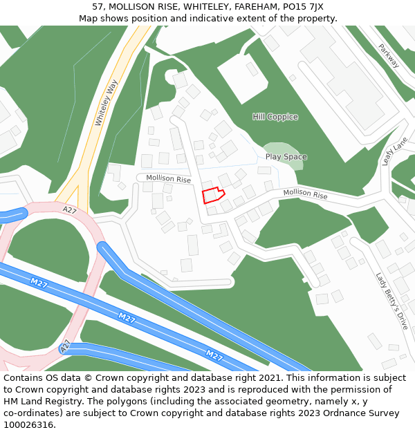 57, MOLLISON RISE, WHITELEY, FAREHAM, PO15 7JX: Location map and indicative extent of plot