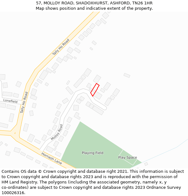 57, MOLLOY ROAD, SHADOXHURST, ASHFORD, TN26 1HR: Location map and indicative extent of plot