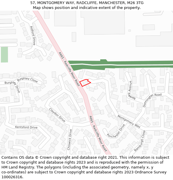 57, MONTGOMERY WAY, RADCLIFFE, MANCHESTER, M26 3TG: Location map and indicative extent of plot