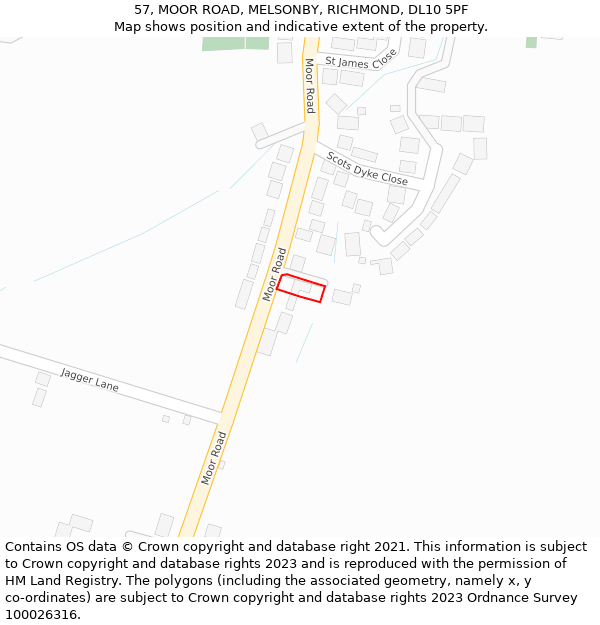 57, MOOR ROAD, MELSONBY, RICHMOND, DL10 5PF: Location map and indicative extent of plot