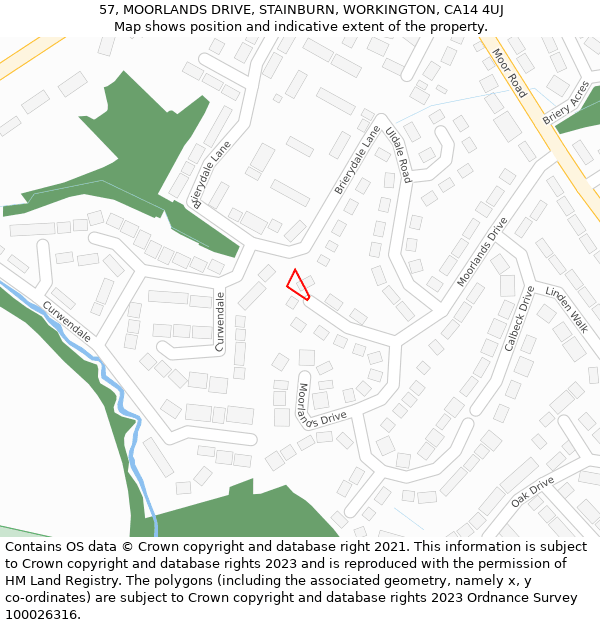 57, MOORLANDS DRIVE, STAINBURN, WORKINGTON, CA14 4UJ: Location map and indicative extent of plot