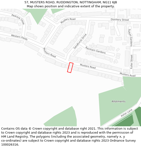 57, MUSTERS ROAD, RUDDINGTON, NOTTINGHAM, NG11 6JB: Location map and indicative extent of plot