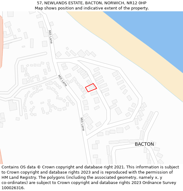 57, NEWLANDS ESTATE, BACTON, NORWICH, NR12 0HP: Location map and indicative extent of plot