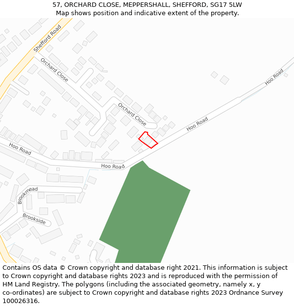 57, ORCHARD CLOSE, MEPPERSHALL, SHEFFORD, SG17 5LW: Location map and indicative extent of plot
