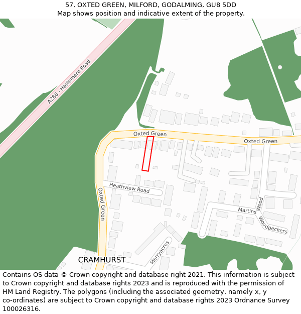 57, OXTED GREEN, MILFORD, GODALMING, GU8 5DD: Location map and indicative extent of plot