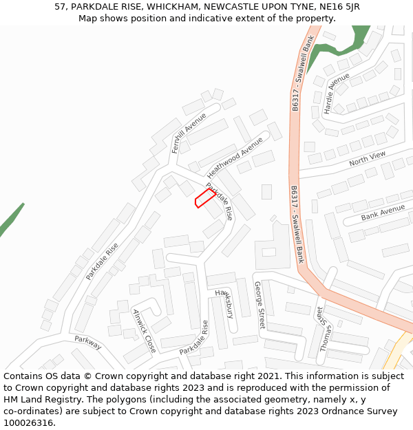 57, PARKDALE RISE, WHICKHAM, NEWCASTLE UPON TYNE, NE16 5JR: Location map and indicative extent of plot