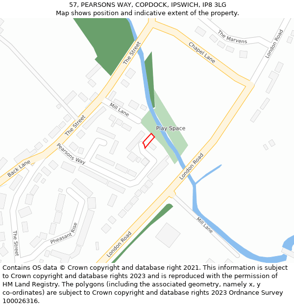 57, PEARSONS WAY, COPDOCK, IPSWICH, IP8 3LG: Location map and indicative extent of plot