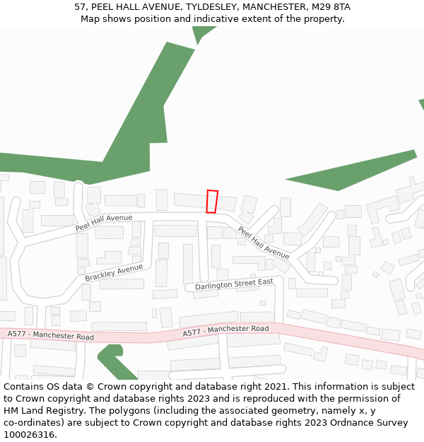 57, PEEL HALL AVENUE, TYLDESLEY, MANCHESTER, M29 8TA: Location map and indicative extent of plot