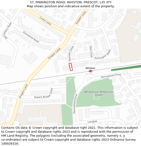 57, PINNINGTON ROAD, WHISTON, PRESCOT, L35 3TY: Location map and indicative extent of plot